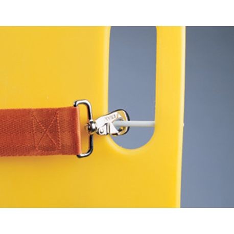 A black backboard strap attached to a yellow backboard with a metal buckle.