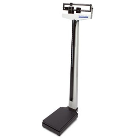 A silver physician balance beam scale with a black platform and a reading beam for measuring weight.