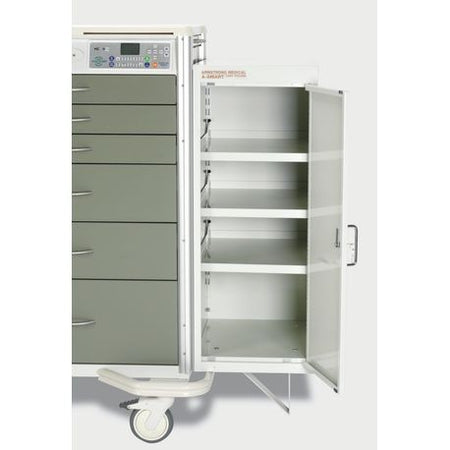 A gray medical cart extender with a key lock and multiple drawers, mounted on a white base, against a white background.