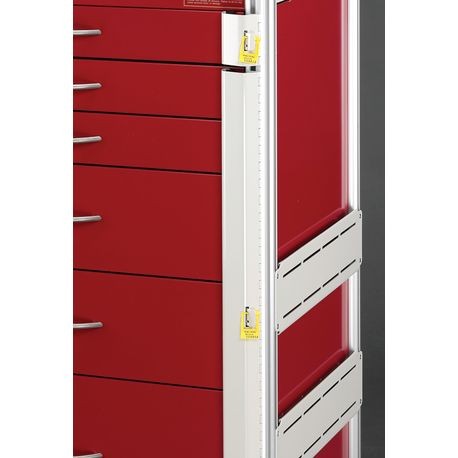 A set of blue locking bars attached to a white cart, with the focus on the locking mechanism.