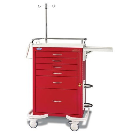 A red medical cart with multiple drawers and a white frame. It includes an IV pole, railing, and hooks, designed for medical storage and organization.
