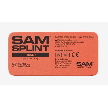 Packaging for SAM Splints with red color instructional diagrams, and brand information.