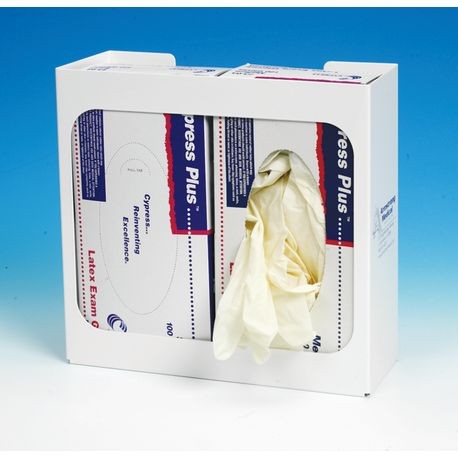 A white glove dispenser with blue disposable gloves partially pulled out from it.