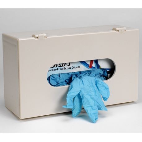 A white glove dispenser with blue disposable gloves partially pulled out from it.