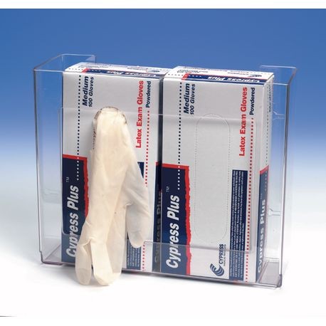 A white glove dispenser with blue disposable gloves partially pulled out from it.