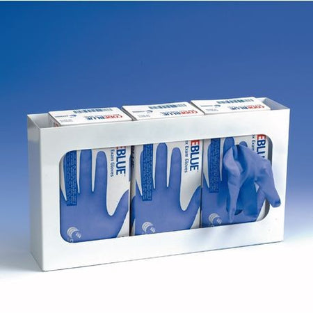 A white glove dispenser with blue disposable gloves partially pulled out from it.