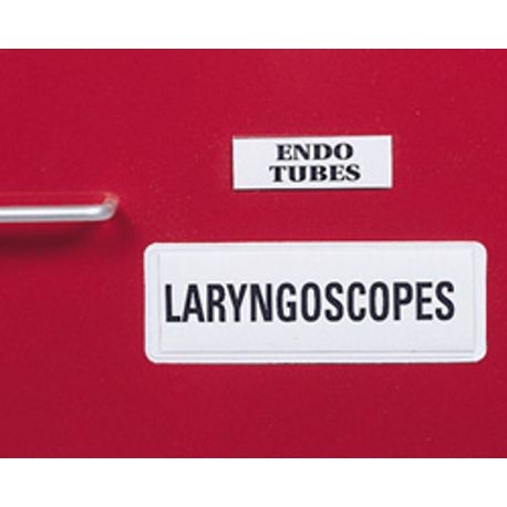 Two white labels attached to a red surface, one labeled 'ENDO TUBES' and the other 'LARYNGOSCOPEs'.