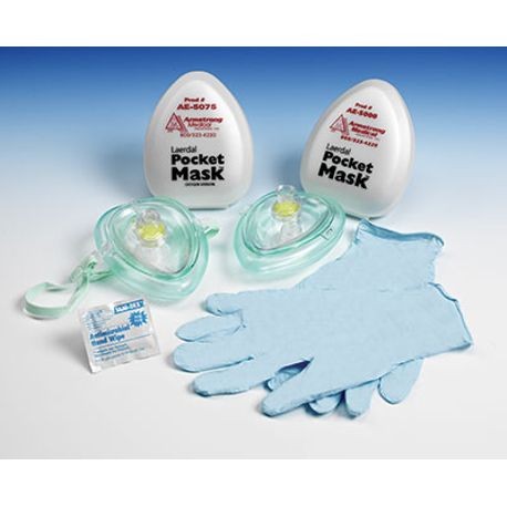 Laerdal Pocket Mask with transparent design, alongside latex-free gloves and a check list wipe. The mask is intended for single-dose use and is shown with its packaging label.