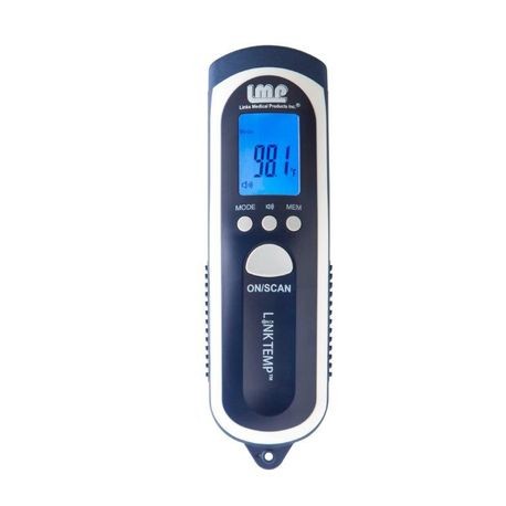 A digital non-contact infrared thermometer with a blue LCD screen, buttons for mode and measurement, and a black body.
