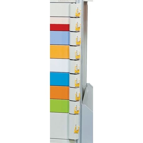 A set of colorful metal breakaway locks mounted on a vertical bar, typically used for medical cart systems.