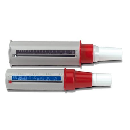 Two Peak Flow Meters, one with a red mouthpiece and the other with a gray mouthpiece, both have a white body with measurement markings.