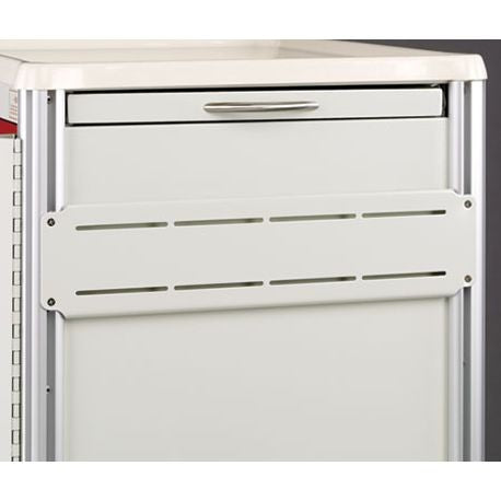 A white accessory panel with multiple slots, attached to the front of a medical cart.