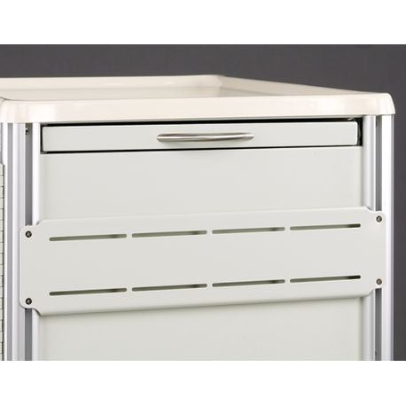 A white accessory panel with multiple slots, attached to the front of a medical cart.
