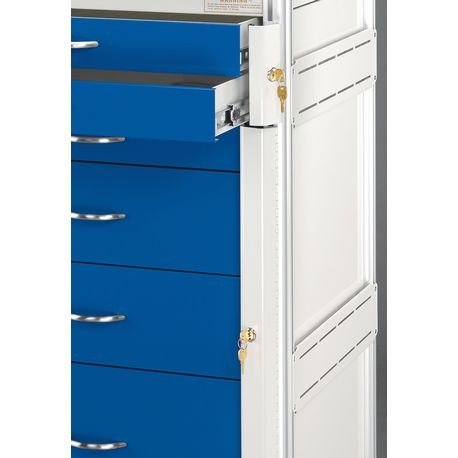 A set of blue locking bars attached to a white cart, with the focus on the locking mechanism.