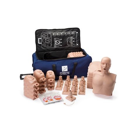An Ultralite CPR Manikin with Feedback, including a full torso manikin, a face manikin, and multiple feedback indicators, packaged with a blue carrying bag.