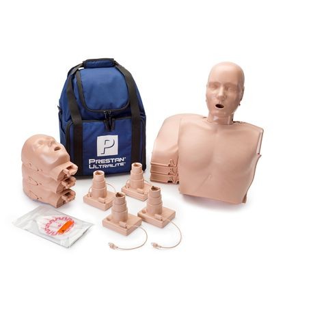 An Ultralite CPR Manikin with Feedback, including a full torso manikin, a face manikin, and multiple feedback indicators, packaged with a blue carrying bag.