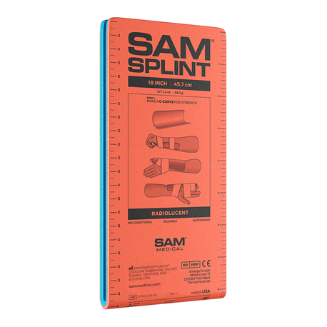 Packaging for SAM Splints with red and blue colors, instructional diagrams, and brand information.