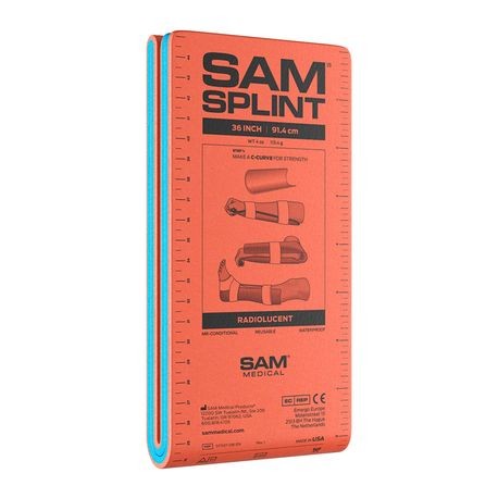 Packaging for SAM Splints with red and blue colors instructional diagrams, and brand information.
