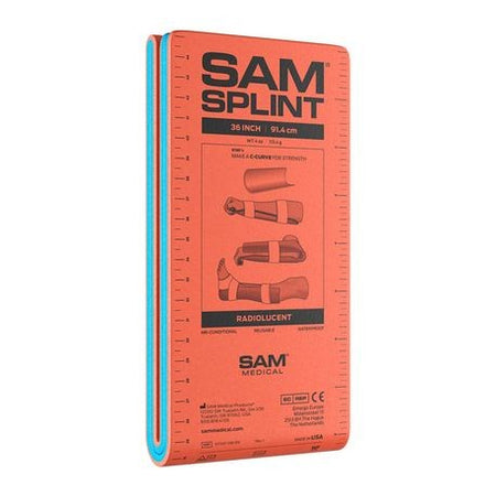 Packaging for SAM Splints with red and blue colors instructional diagrams, and brand information.