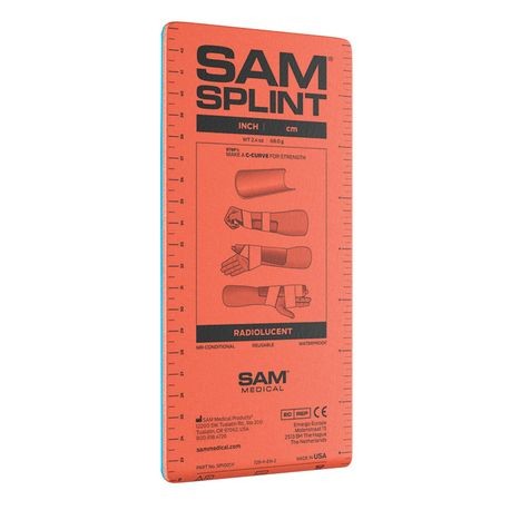 Packaging for SAM Splints with red and blue colors instructional diagrams, and brand information.