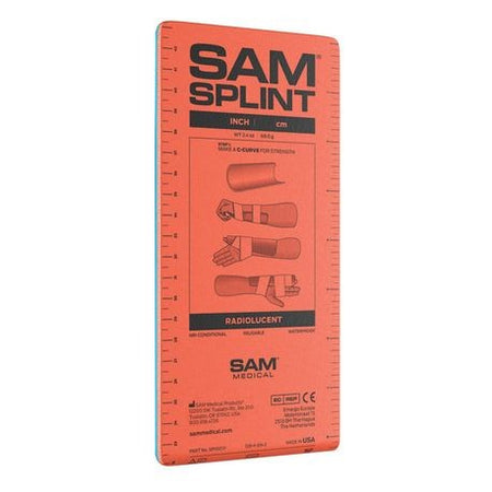 Packaging for SAM Splints with red and blue colors instructional diagrams, and brand information.