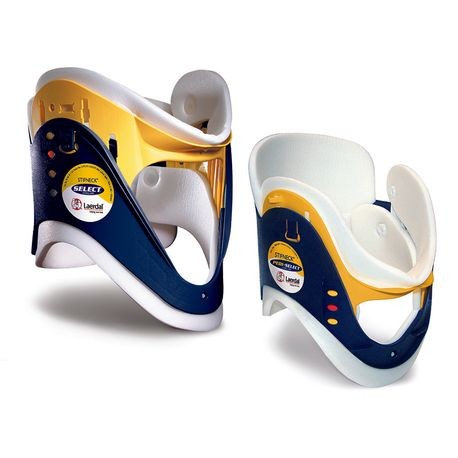 Two Stifneck Select Adjustable Extrication Collars, one in blue and the other in white, each with yellow accents and branding on the side.