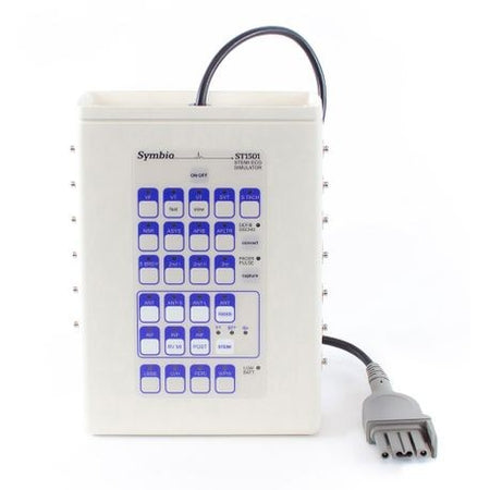 A white 15-lead arrhythmia simulator with blue and gray accents, featuring a series of buttons and a connected cable.